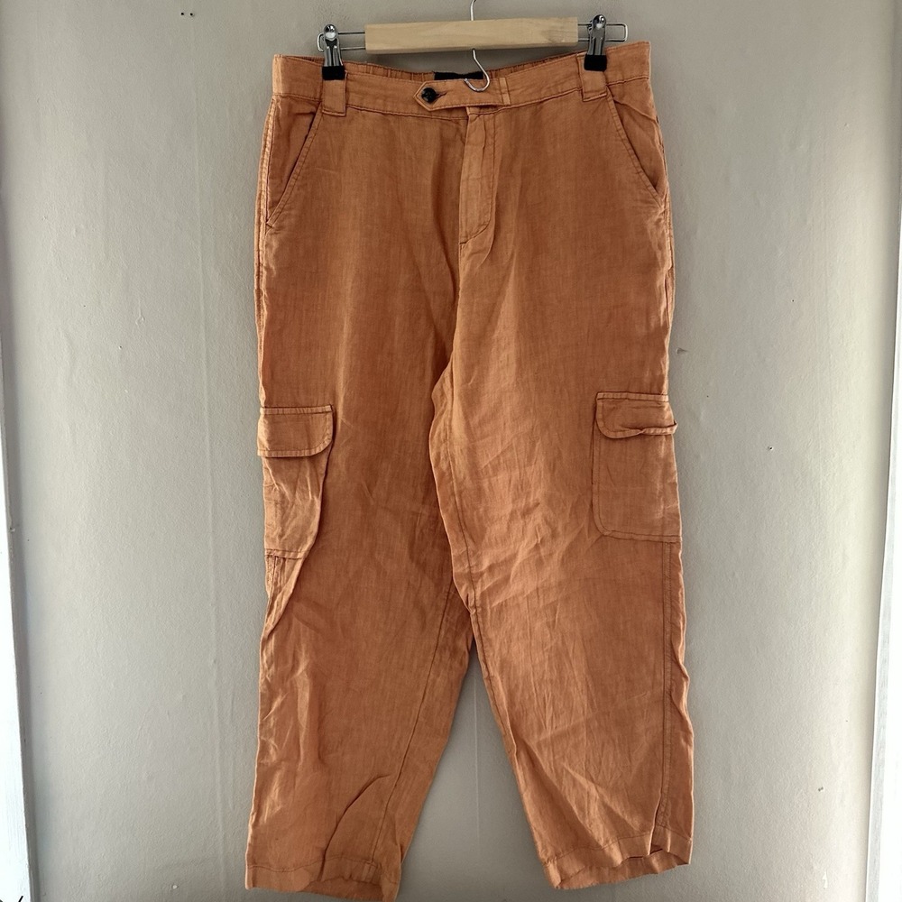 Rachel Zoe Womens Linen Cargo Pants Size L Orange Cropped Pockets Beachy Coast